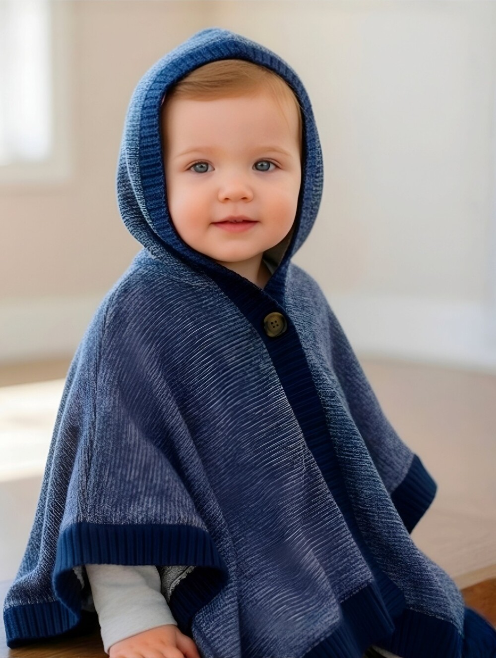 Old Navy ✦ Hooded Knit Poncho Sweater ✦ Blue Shawl Style Button Neck Sz 3T